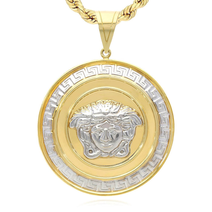 10K Yellow White Gold Medusa Head Round Hollow Medallion Pendant 1"-2.2"
