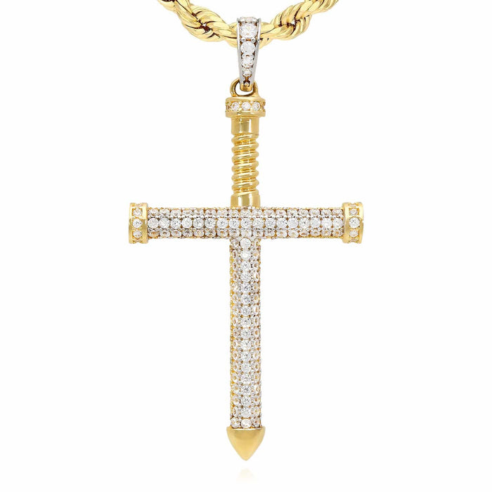 14K Yellow Gold CZ Pave Screw Nail Cross Pendant 2.1" - WJD Exclusives