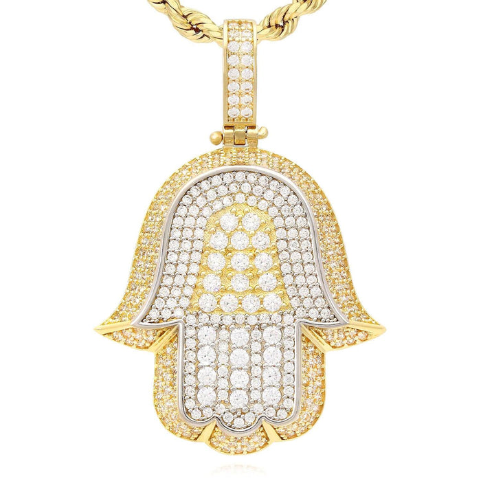 14K Yellow Gold CZ Pave 3D Layered Hamsa Hand Pendant 1.2"-1.6"