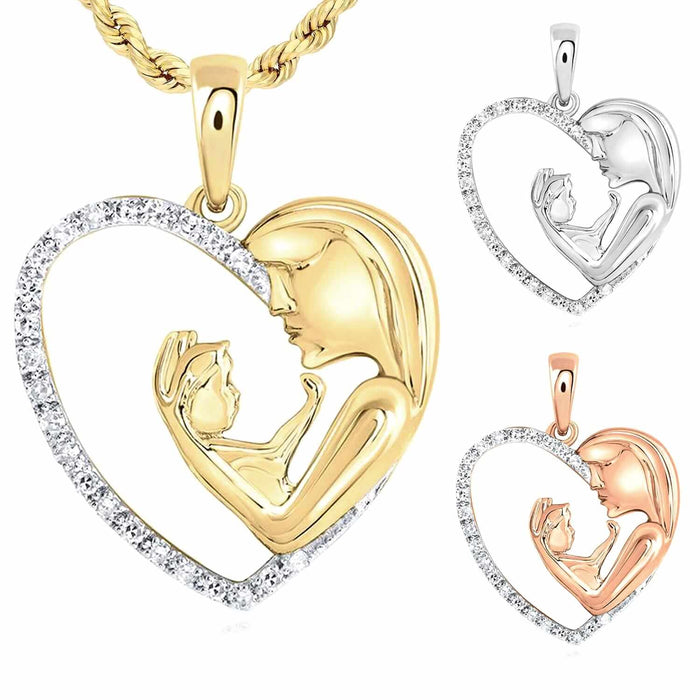 0.11CTW Natural Diamond 10K Gold Yellow White Rose Mom Child Heart Pendant - WJD Exclusives