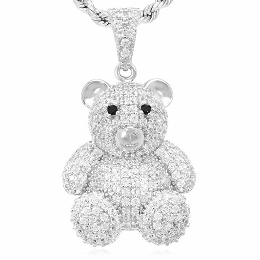Gold Over Sterling Silver CZ Pave Puffed Teddy Bear Pendant 1.1"