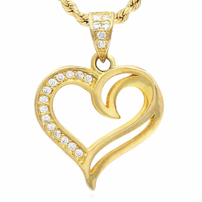 18K Yellow Gold Over Sterling Silver CZ Open Heart Pendant 0.9" - WJD Exclusives