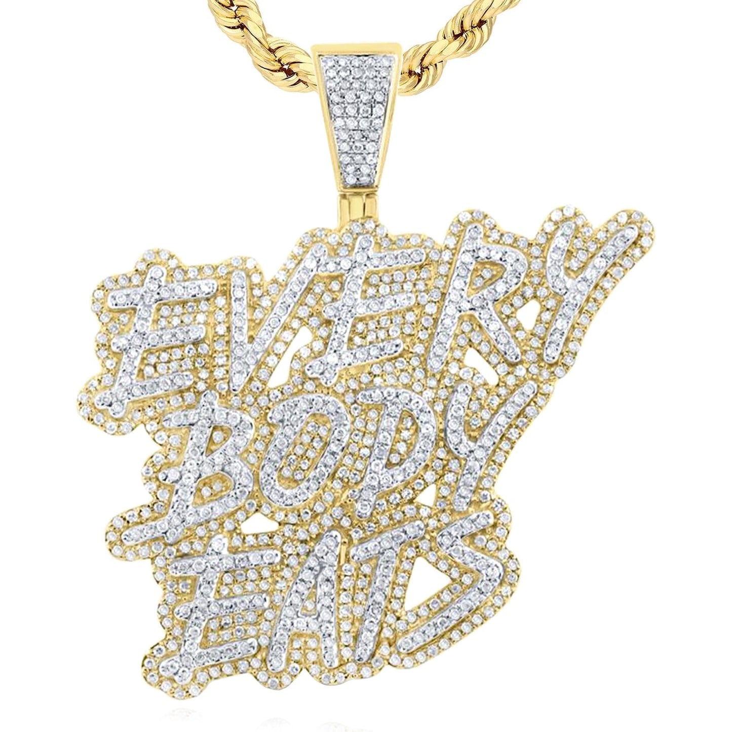 2CTW Real Diamond 10K Yellow Gold Everybody Eats Pendant 1.6"