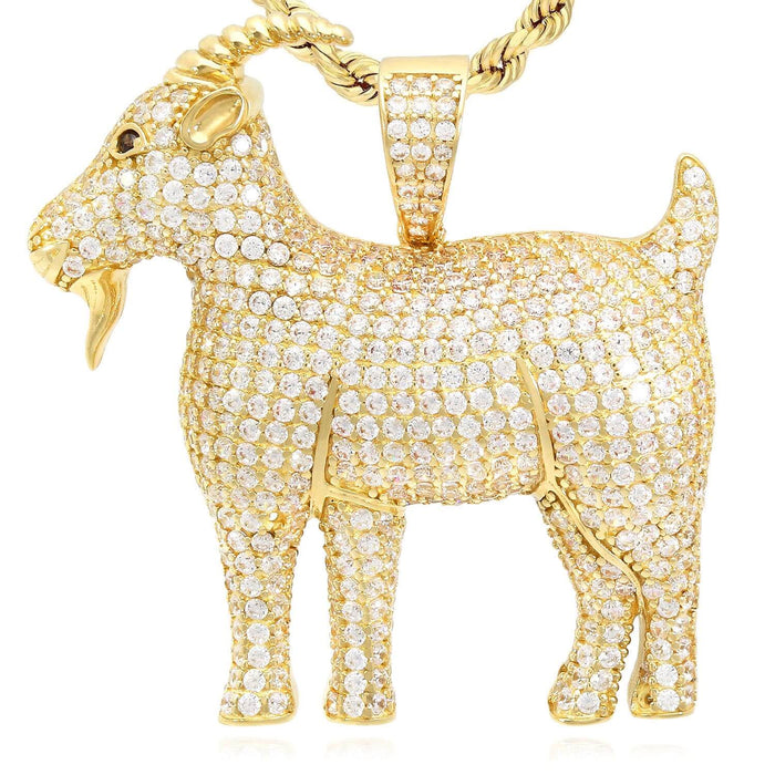14K Yellow Gold CZ Pave Greatest of All Time Goat Pendant 1.6" - WJD Exclusives