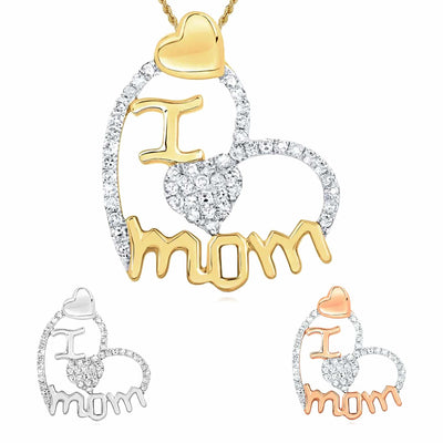 .25CTW Natural Diamond 10K Gold Yellow White Rose I Love Mom Hearts Pendant 0.8" - WJD Exclusives