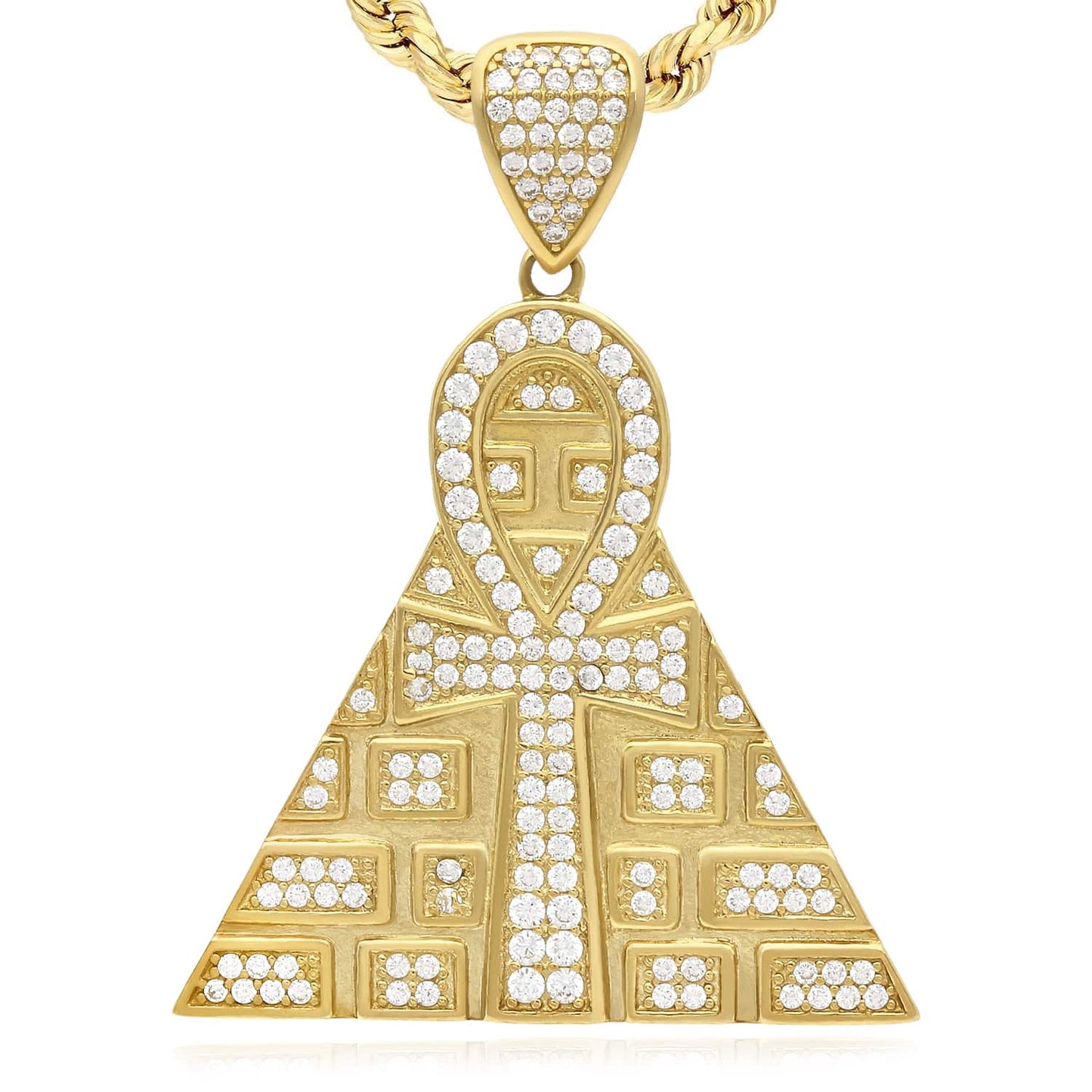10K Yellow Gold CZ Egyptian Ankh Pyramid Pendant 1.7"