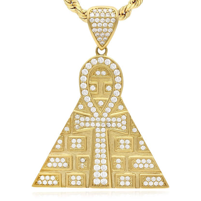 10K Yellow Gold CZ Egyptian Ankh Pyramid Pendant 1.7"