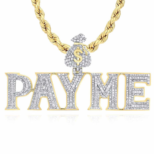 2.20CTW Real Diamond 10K Yellow Gold Money Dollar Bag PAY ME Pendant 1.2"