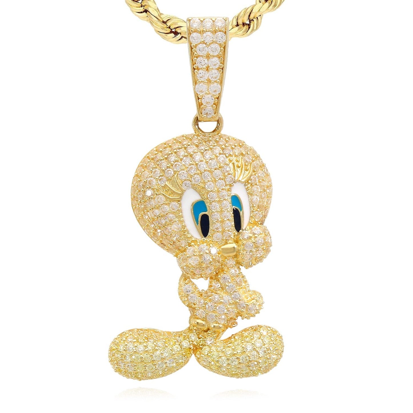 14K Yellow Gold CZ Pave Blue Eyes Tweety Bird Charm Pendant 1.5"