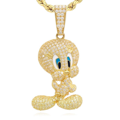 14K Yellow Gold CZ Pave Blue Eyes Tweety Bird Charm Pendant 1.5"