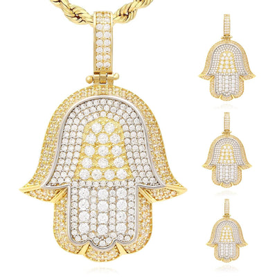 14K Yellow Gold CZ Pave 3D Layered Hamsa Hand Pendant 1.2"-1.6"