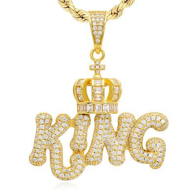 18K Gold Over Silver CZ Pave Puffed KING Crown Pendant - WJD Exclusives