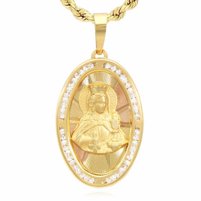 14K Gold CZ Religious Santa Barbara Oval Pendant 1.5"