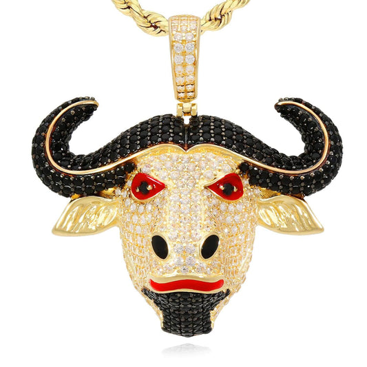14K Yellow Gold CZ Red Eyes Bull Buffalo Pendant 1.6"