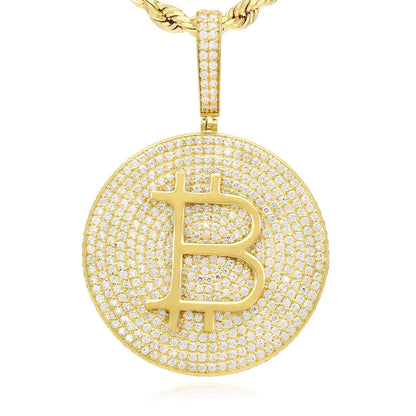 14K Yellow Gold CZ Pave Iced Bitcoin Pendant 2.2"