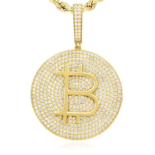 14K Yellow Gold CZ Pave Iced Bitcoin Pendant 2.2"