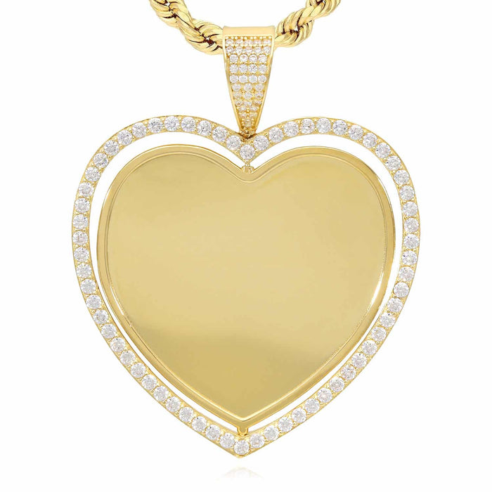 14K Yellow Gold CZ Frame Two - Sided Rotating Heart Picture Pendant - WJD Exclusives