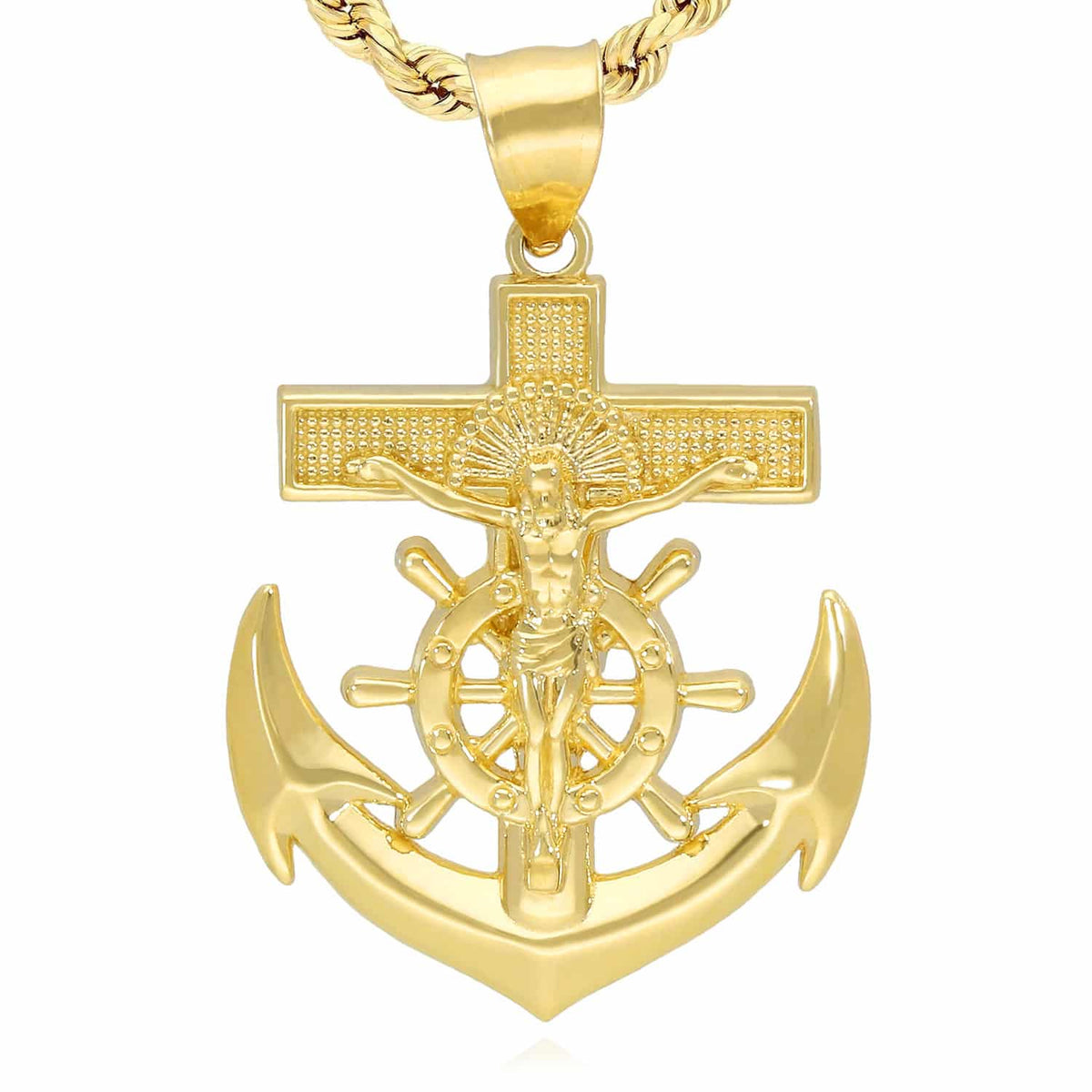 14K Yellow Gold Helm Jesus Christ Cross Anchor Pendant 1" - 1.5" - WJD Exclusives