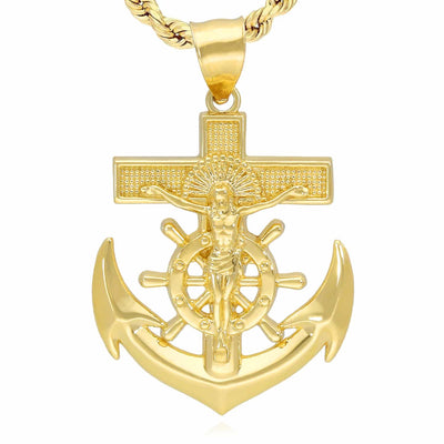 14K Yellow Gold Helm Jesus Christ Cross Anchor Pendant 1" - 1.5" - WJD Exclusives