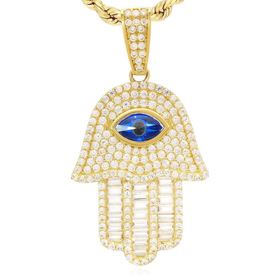 14K Yellow Gold CZ Sapphire Evil Eye Hamsa Hand Pendant 1.8"