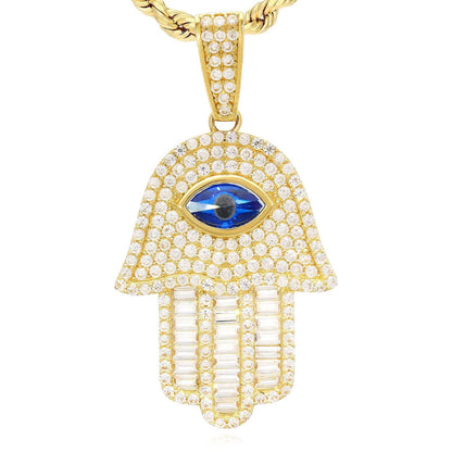14K Yellow Gold CZ Sapphire Evil Eye Hamsa Hand Pendant 1.8"