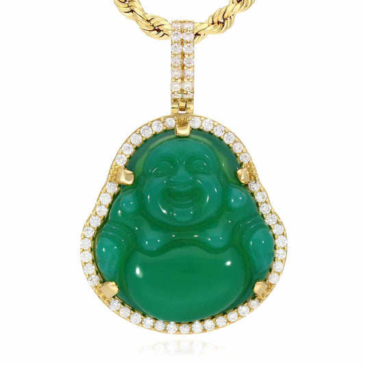 14K Gold CZ Frame Green Jade Fat Buddha Charm Pendant 1.5"-1.8"