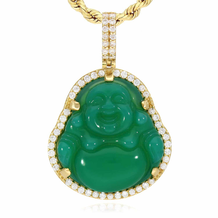 14K Gold CZ Frame Green Jade Fat Buddha Pendant 1.5" - 1.8" - WJD Exclusives
