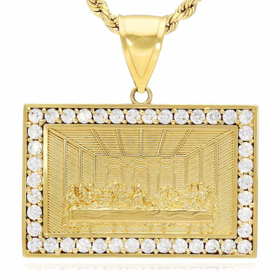 10K Yellow Gold CZ Religious Last Supper Rectangular Pendant 1.6"