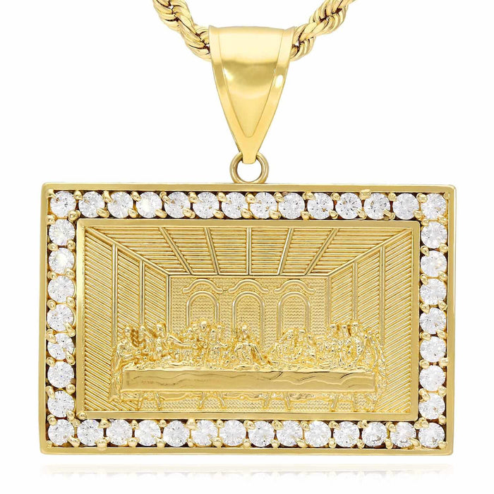 10K Yellow Gold CZ Religious Last Supper Rectangular Pendant 1.6"