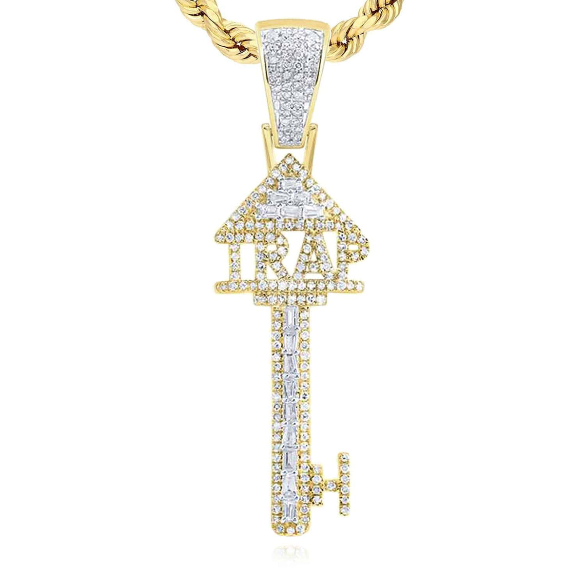 0.75CTW Natural Diamond 10K Yellow Gold Trap Key Pendant 1.9" - WJD Exclusives