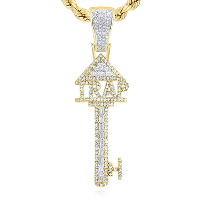 0.75CTW Natural Diamond 10K Yellow Gold Trap Key Pendant 1.9" - WJD Exclusives