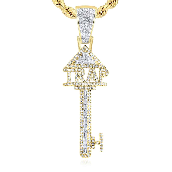 0.75CTW Natural Diamond 10K Yellow Gold Trap Key Pendant 1.9" - WJD Exclusives