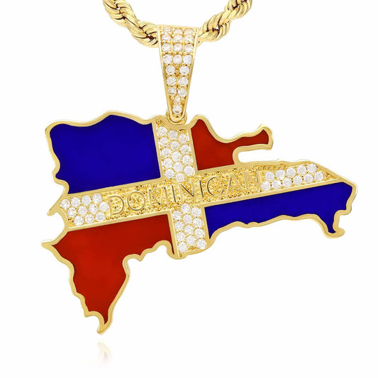 14K Yellow Gold CZ Dominican Republic Flag Map Pendant 1.15-1.4"