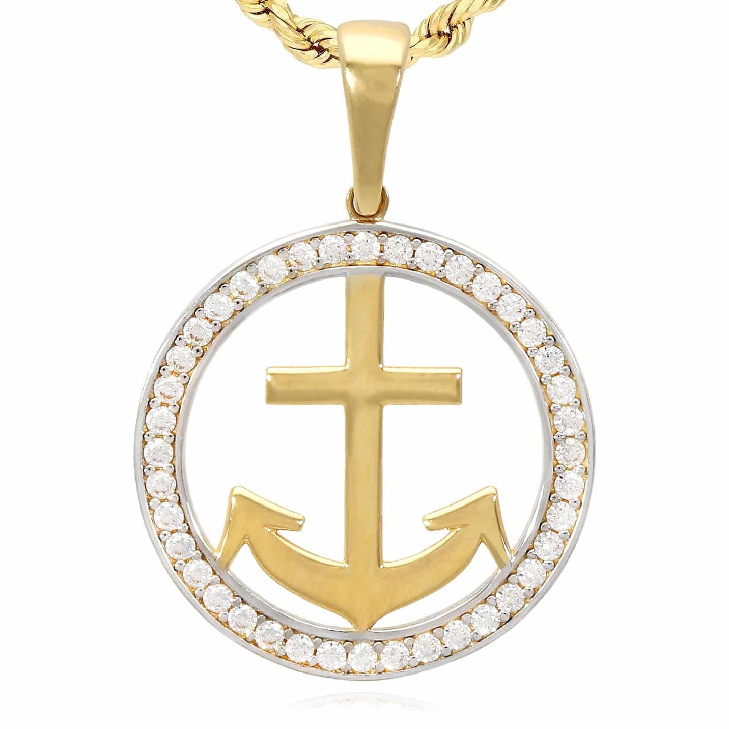 14K Yellow Gold CZ Round Frame Anchor Pendant 1.15"