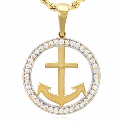 14K Yellow Gold CZ Round Frame Anchor Pendant 1.15" - WJD Exclusives