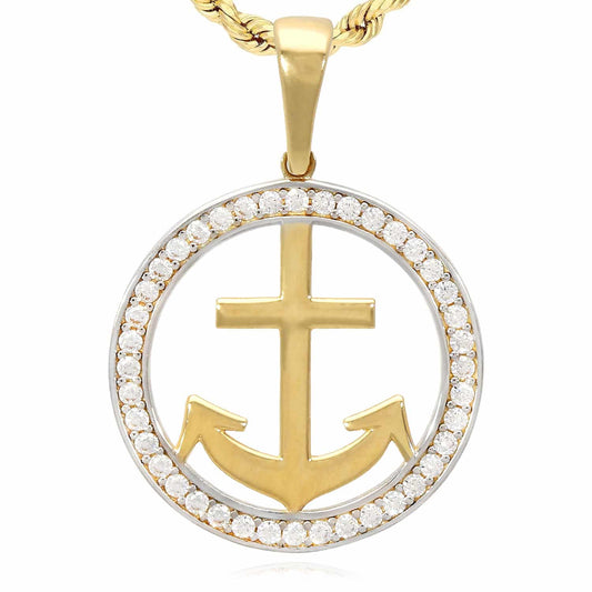 14K Yellow Gold CZ Round Frame Anchor Pendant 1.15"