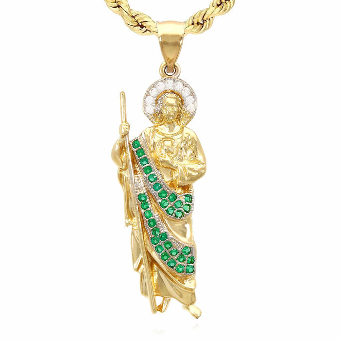 1.25CTW Ruby Emerald 14K Yellow Gold Religious St. Jude Pendant 1.8"