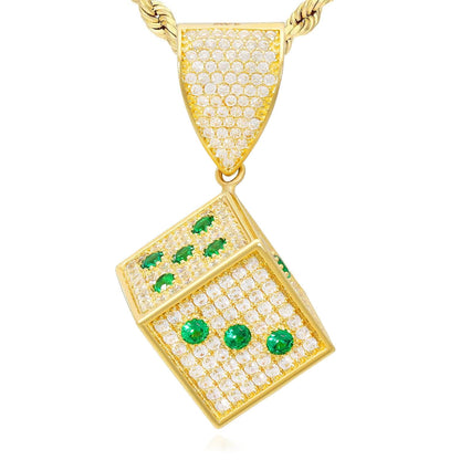 14K Yellow Gold CZ Red Blue Green Mini Dice Charm Pendant 1.5"