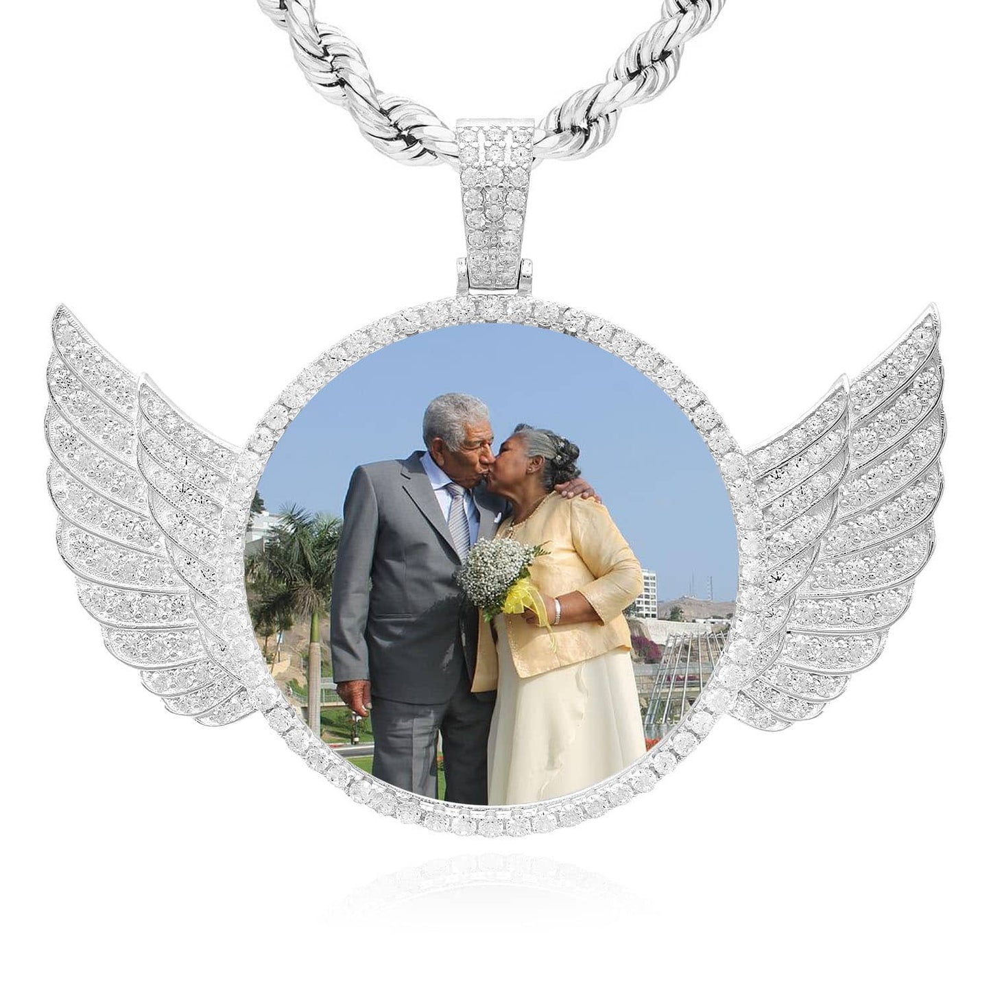 White Gold Over Silver CZ Angel Wing Picture Frame Memory Pendant