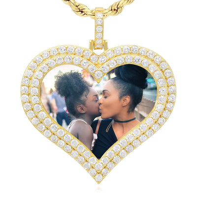 14K Gold Over Silver Picture Memory Frame Heart Medallion Pendant 1.8 - 2.2" - WJD Exclusives