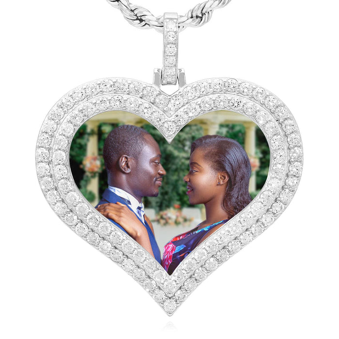 14K White Gold Over Silver Picture Memory Frame Heart Medallion Pendant 1.8 - 2.2" - WJD Exclusives