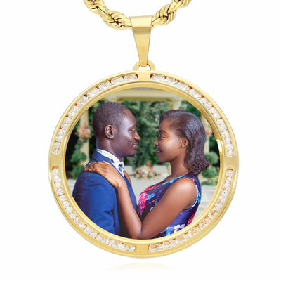 10K Gold CZ Round Memory Picture Pendant 1"-1.8"