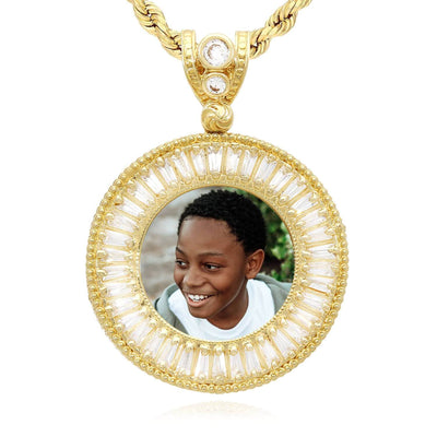 14K Yellow Gold Baguette CZ Photo Medallion Pendant 1.10", 1.26"