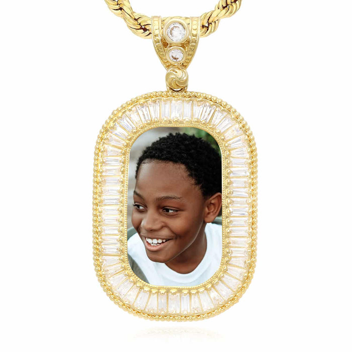 14K Gold CZ Rounded Rectangular Picture Memory Pendant 2.17"