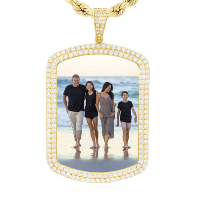 14K Yellow Gold CZ Dog Tag Memory Picture Pendant 2"-2.3"