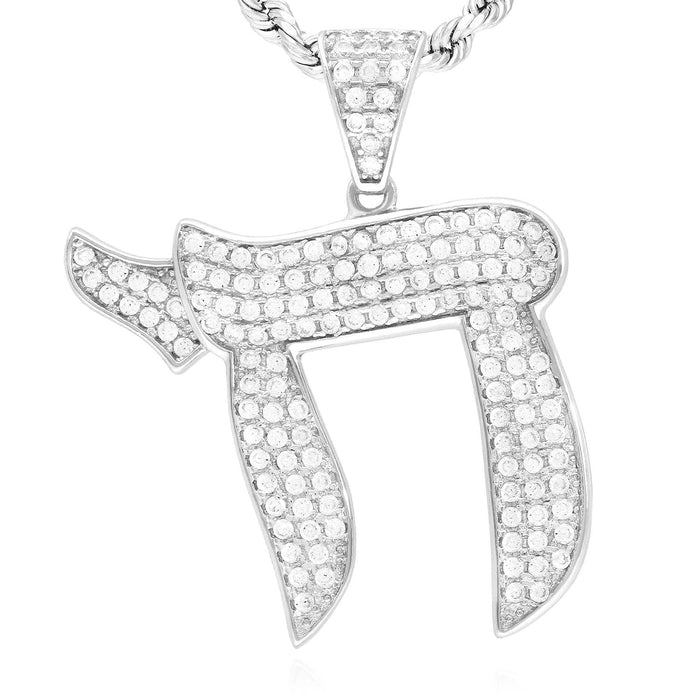 14k White Gold Over Silver CZ Pave Chai Pendant 0.80" & 1.20"