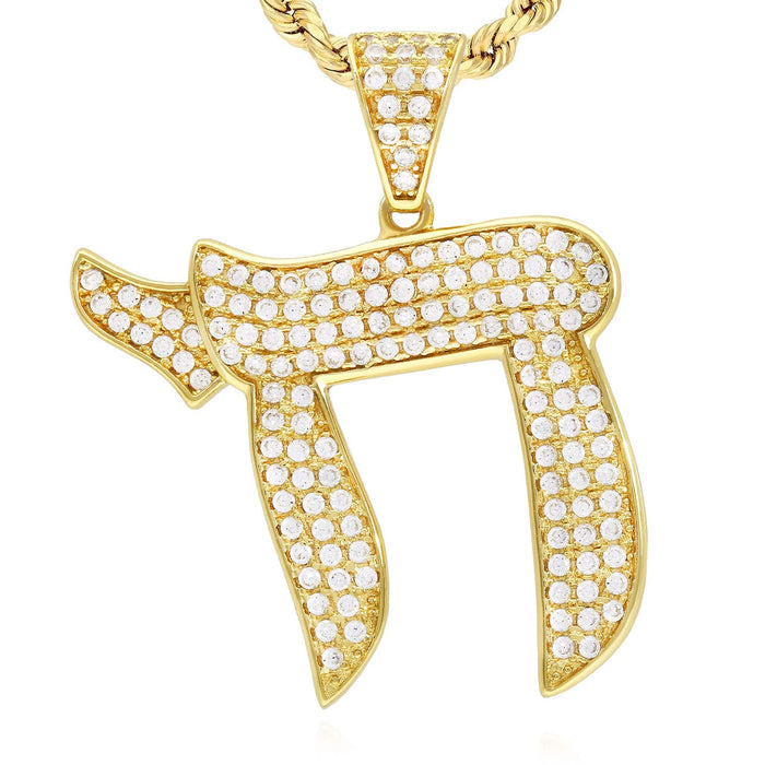14k Yellow Gold Over Silver CZ Pave Chai Pendant 0.79", 1.18"
