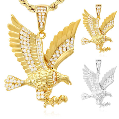 14k Yellow White Gold Over Silver White Zirconia Open Wings Eagle Pendant 1.57"