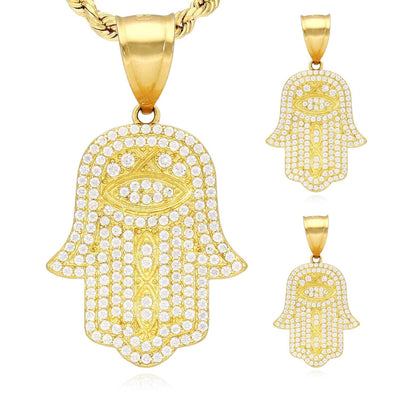 14K Yellow Gold CZ Pave Hamsa Pendant 1.2" - 1.5"