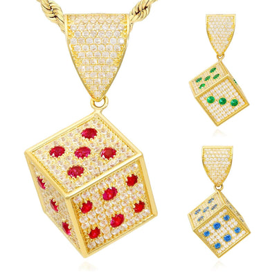14K Yellow Gold CZ Red Blue Green Mini Dice Pendant 1.5"